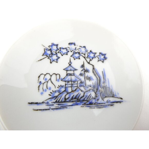 Vintage Japanese Porcelain Mini Plate W/ Blue Pagoda & Tree Design 2.75“ x 2.75” - Picture 2 of 8